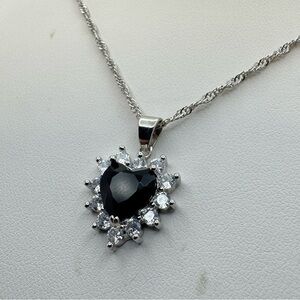 New Silver Plated Black CZ Heart Halo Pendant Necklace 18” Lobster Clasp